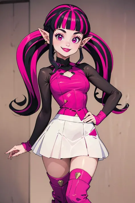 <lora:cutefires_style:0.8>,((masterpiece,best quality)), absurdres, <lora:Draculaura_Anime:0.8>, Draculaura_MH, 1girl, solo, pink top, black hair, pink hair, multicolored hair, pointy ears, white skirt, pink knee boots, smiling, contrapposto