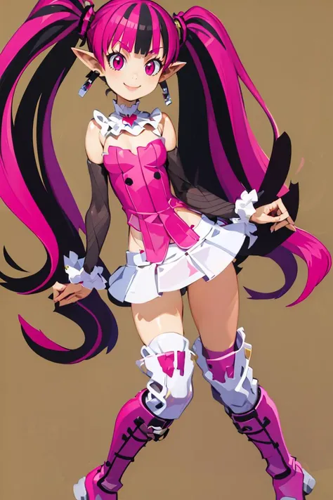 <lora:Harada_Takehito_Style_Dim32:0.8>,((masterpiece,best quality)), absurdres, <lora:Draculaura_Anime:0.8>, Draculaura_MH, pink top, black hair, pink hair, multicolored hair, pointy ears, white skirt, pink knee boots, smiling, contrapposto