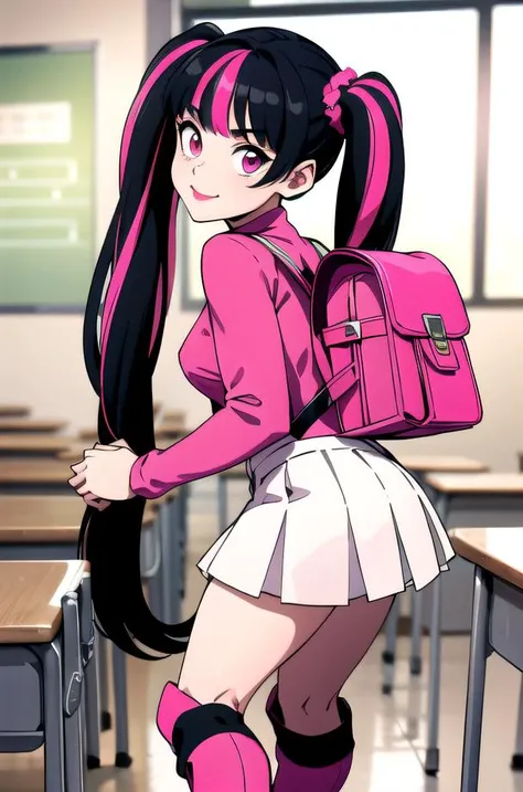 (masterpiece), (best quality), <lora:Draculaura_v3:0.6>, draculaura_mh , 1girl, black hair, blurry background, holding hand, looking back, walking into a classroom, classroom, pink boots, small breasts, pink top, pink turtleneck, long sleeve top, (cleavage cutout:0.9) wearing backpack, backpack, knee boots, pink boots, long hair, looking at viewer, small breasts, multicolored hair, pink eyes, pleated skirt, white skirt, scrunchie, solo, twintails, 20 years old, (side smile:0.75)