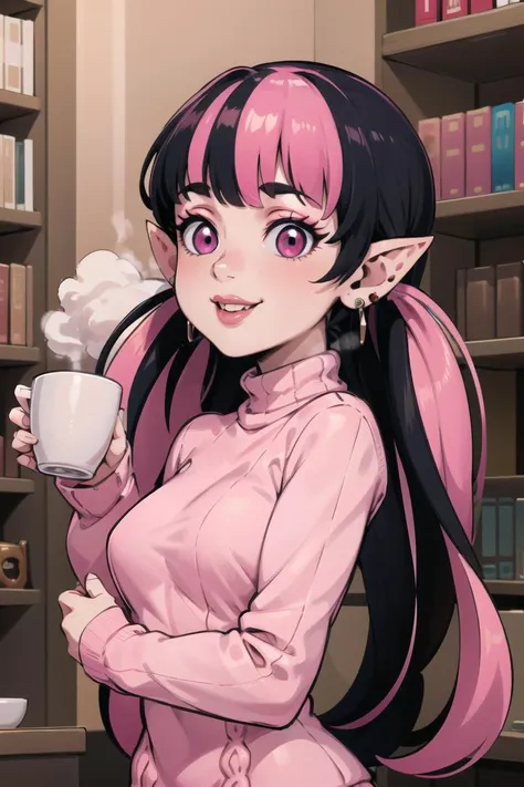 ((masterpiece,best quality)), absurdres, upper body shot,
<lora:Draculaura_Anime:0.8>, Draculaura_MH, pink top, black hair, pink hair, multicolored hair, pointy ears,
smiling,
white sweater, turtleneck sweater, oversized sweater, earrings, library, cup of steaming coffee, cozy atmosphere,