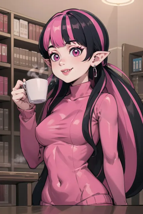 ((masterpiece,best quality)), absurdres, upper body shot,
<lora:Draculaura_Anime:0.8>, Draculaura_MH, pink top, black hair, pink hair, multicolored hair, pointy ears,
smiling,
turtleneck sweater, earrings, library, cup of steaming coffee, cozy atmosphere,