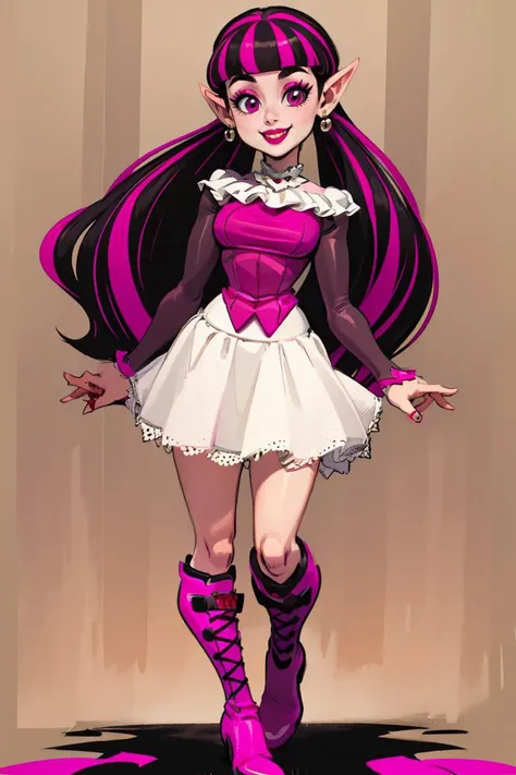 <lora:Alex_Ahad_Style:0.8>,((masterpiece,best quality)), absurdres, <lora:Draculaura_Anime:0.8>, Draculaura_MH, 1girl, solo, pink top, black hair, pink hair, multicolored hair, pointy ears, white skirt, pink knee boots, smiling, contrapposto