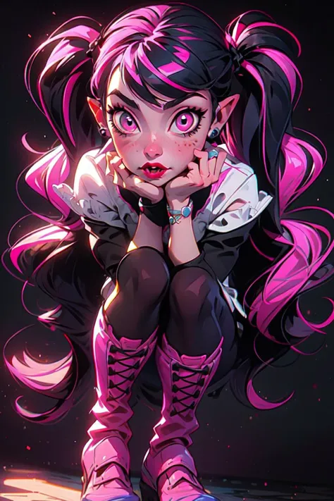 (draculaura_mh:1.0), (realistic:1.2), vampire, (black hair, pink highlights in hair, pink skin, pink eyes, bangs, pigtails, vampire ears, twintails), white skirt, pink top, black sleeves, pink boots, pantyhose, pink and black background (masterpiece:1.2), (full-body-shot:1.2),(Cowboy-shot:1.2), neon lighting, dark romantic lighting, (highly detailed:1.2),(detailed face:1.2), (gradients), colorful, detailed eyes, (detailed landscape:1.2), (natural lighting:1.2),(detailed background), detailed landscape, (cute pose:1.2), solo, close up, <lora:Draculaura_v3-10:0.75> <lora:add_detail:0.15> <lora:hipoly3DModelLora_v10:0.05> <lora:RSERomantic_RSESofiko_RSEEmma-v1:0.1> <lora:BeautifulEyes:0.65> <lyco:coloredSkin-08:0.3>