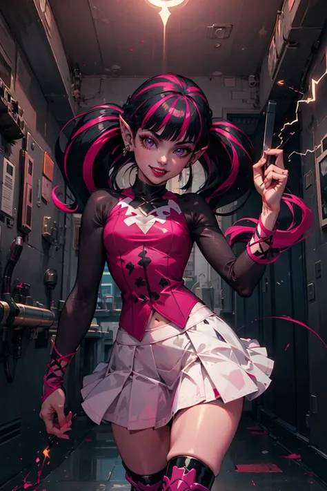 ((masterpiece,best quality)),
<lora:Draculaura_Anime:0.8>, Draculaura_MH, pink top, black hair, pink hair, multicolored hair, pointy ears, white skirt, pink knee boots,
solo, smiling, looking at viewer, cowboy shot,, <lora:r1ge - AnimeRage:0.5>, r1ge, blue aura, electricity