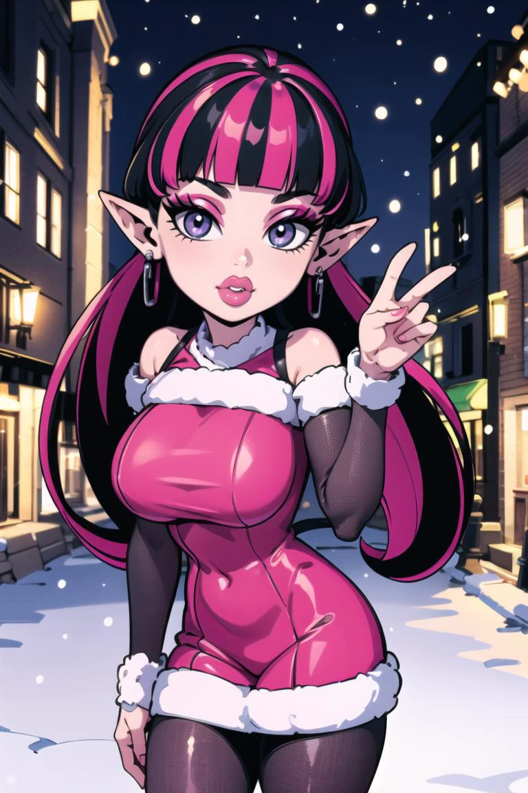 ((best quality)), ((masterpiece)), (intricate details, hyperdetailed:1.15), 35mm, bokeh, (perfect face, highest detailed face), (cowboy shot, mid-angle shot), fashion photography of Draculaura_MH,<lora:Draculaura_Anime:0.8>, pink top, black hair, pink hair, multicolored hair, pointy ears,, bratz, <lora:bratz3:0.5>, lips, large breasts, beautiful, makeup, mascara, lip gloss, perfect eyes, long eyelashes, long white hair, looking at viewer, 8k, shiny, glow, (bloom), beautiful girl, photoshoot, outside, christmas backdrop, winter town scenery, christmas decorations, snow, nighttime