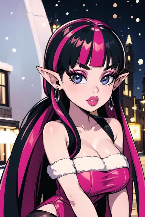 ((best quality)), ((masterpiece)), (intricate details, hyperdetailed:1.15), 35mm, bokeh, (perfect face, highest detailed face), (cowboy shot, mid-angle shot), fashion photography of Draculaura_MH,<lora:Draculaura_Anime:0.8>, pink top, black hair, pink hair, multicolored hair, pointy ears,, bratz, <lora:bratz3:0.5>, lips, large breasts, beautiful, makeup, mascara, lip gloss, perfect eyes, long eyelashes, long white hair, looking at viewer, 8k, shiny, glow, (bloom), beautiful girl, photoshoot, outside, christmas backdrop, winter town scenery, christmas decorations, snow, nighttime