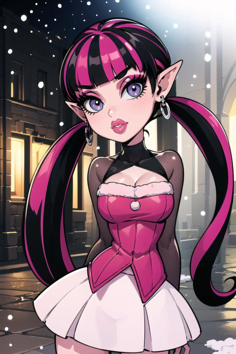 ((best quality)), ((masterpiece)), (intricate details, hyperdetailed:1.15), 35mm, bokeh, (perfect face, highest detailed face), (cowboy shot, mid-angle shot), fashion photography of Draculaura_MH,<lora:Draculaura_Anime:0.8>, pink top, black hair, pink hair, multicolored hair, pointy ears,, bratz, <lora:bratz3:0.5>, lips, large breasts, beautiful, makeup, mascara, lip gloss, perfect eyes, long eyelashes, long white hair, looking at viewer, 8k, shiny, glow, (bloom), beautiful girl, photoshoot, outside, christmas backdrop, winter town scenery, christmas decorations, snow, nighttime