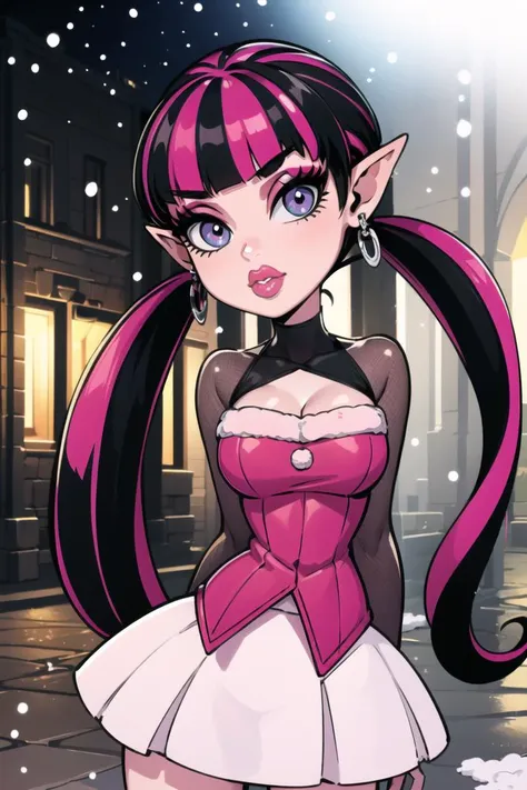 ((best quality)), ((masterpiece)), (intricate details, hyperdetailed:1.15), 35mm, bokeh, (perfect face, highest detailed face), (cowboy shot, mid-angle shot), fashion photography of Draculaura_MH,<lora:Draculaura_Anime:0.8>,  pink top, black hair, pink hair, multicolored hair, pointy ears,, bratz, <lora:bratz3:0.5>, lips, large breasts, beautiful, makeup, mascara, lip gloss, perfect eyes, long eyelashes, long white hair, looking at viewer, 8k, shiny, glow, (bloom), beautiful girl, photoshoot, outside, christmas backdrop, winter town scenery, christmas decorations, snow, nighttime