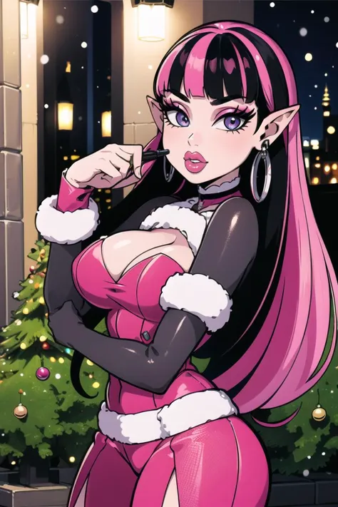 ((best quality)), ((masterpiece)), (intricate details, hyperdetailed:1.15), 35mm, bokeh, (perfect face, highest detailed face), (cowboy shot, mid-angle shot), fashion photography of Draculaura_MH,<lora:Draculaura_Anime:0.8>, pink top, black hair, pink hair, multicolored hair, pointy ears,, bratz, <lora:bratz3:0.5>, lips, large breasts, beautiful, makeup, mascara, lip gloss, perfect eyes, long eyelashes, long white hair, looking at viewer, 8k, shiny, glow, (bloom), beautiful girl, photoshoot, outside, christmas backdrop, winter town scenery, christmas decorations, snow, nighttime
