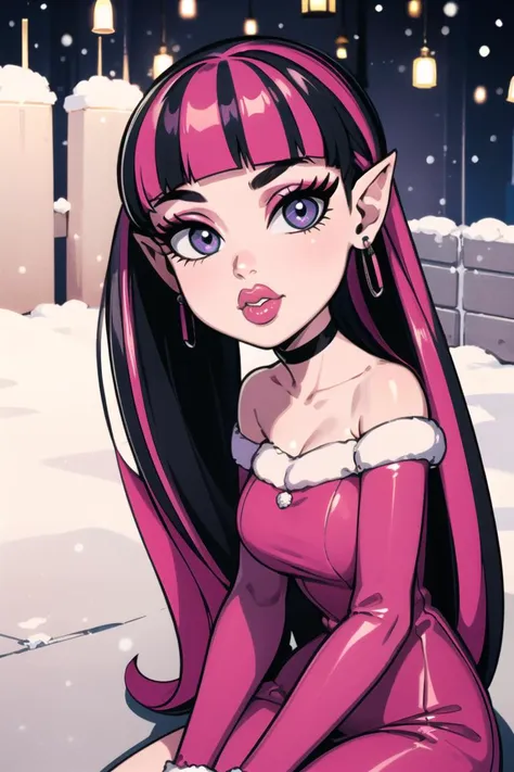 ((best quality)), ((masterpiece)), (intricate details, hyperdetailed:1.15), 35mm, bokeh, (perfect face, highest detailed face), (cowboy shot, mid-angle shot), fashion photography of Draculaura_MH,<lora:Draculaura_Anime:0.8>,  pink top, black hair, pink hair, multicolored hair, pointy ears,, bratz, <lora:bratz3:0.5>, lips, large breasts, beautiful, makeup, mascara, lip gloss, perfect eyes, long eyelashes, long white hair, looking at viewer, 8k, shiny, glow, (bloom), beautiful girl, photoshoot, outside, christmas backdrop, winter town scenery, christmas decorations, snow, nighttime