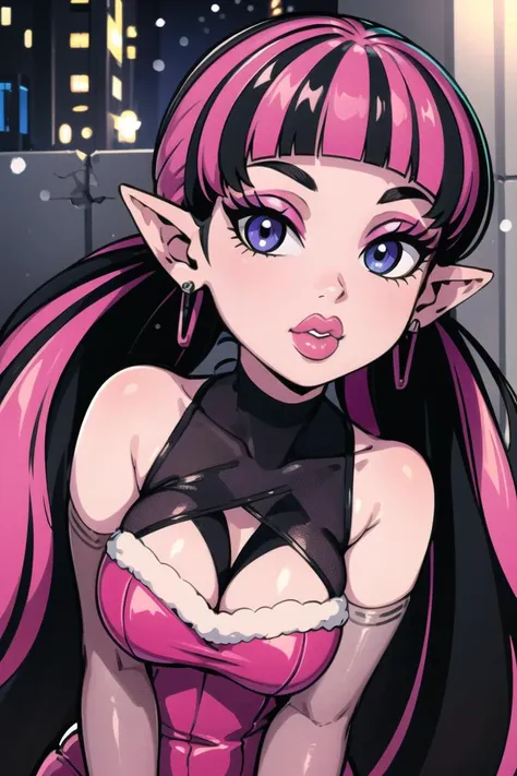 ((best quality)), ((masterpiece)), (intricate details, hyperdetailed:1.15), 35mm, bokeh, (perfect face, highest detailed face), (cowboy shot, mid-angle shot), fashion photography of Draculaura_MH,<lora:Draculaura_Anime:0.8>,  pink top, black hair, pink hair, multicolored hair, pointy ears,, bratz, <lora:bratz3:0.5>, lips, large breasts, beautiful, makeup, mascara, lip gloss, perfect eyes, long eyelashes, long white hair, looking at viewer, 8k, shiny, glow, (bloom), beautiful girl, photoshoot, outside, christmas backdrop, winter town scenery, christmas decorations, snow, nighttime