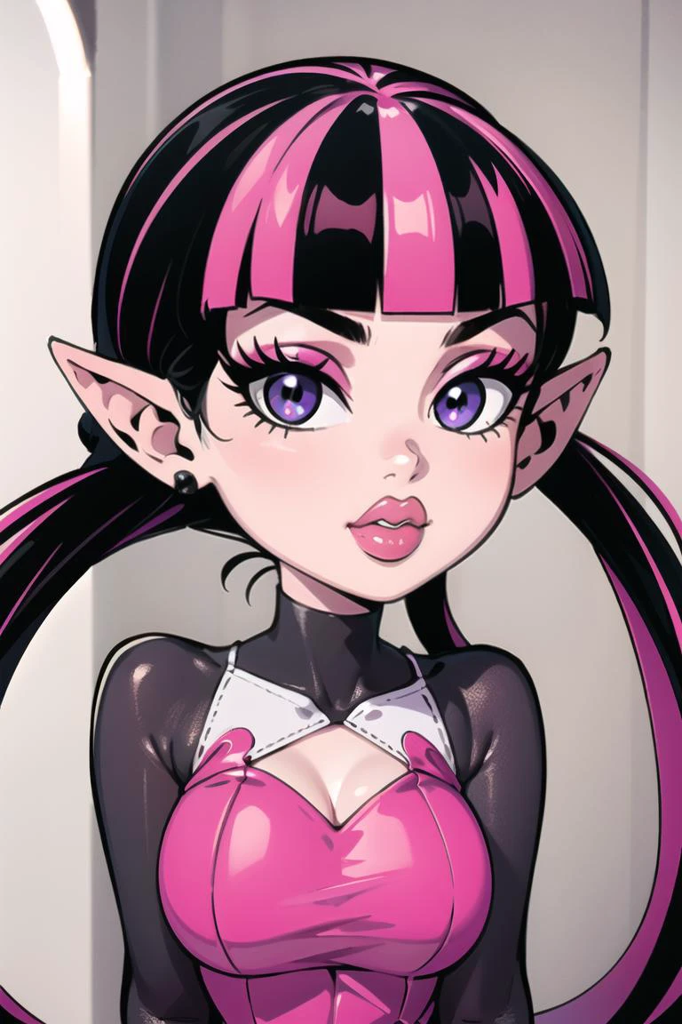 ((best quality)), ((masterpiece)), (intricate details, hyperdetailed:1.15), 35mm, bokeh, (perfect face, highest detailed face), (cowboy shot, mid-angle shot), fashion photography of Draculaura_MH,<lora:Draculaura_Anime:0.8>, pink top, black hair, pink hair, multicolored hair, pointy ears, bratz, <lora:bratz3:0.5>, lips, large breasts, beautiful, makeup, mascara, lip gloss, perfect eyes, long eyelashes, looking at viewer, 8k, shiny, glow, (bloom), beautiful girl, photoshoot,