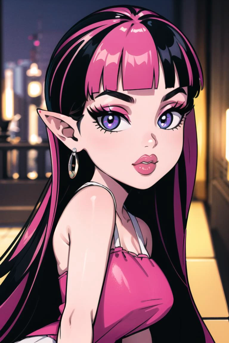 ((best quality)), ((masterpiece)), (intricate details, hyperdetailed:1.15), 35mm, bokeh, (perfect face, highest detailed face), (cowboy shot, mid-angle shot), fashion photography of Draculaura_MH,<lora:Draculaura_Anime:0.8>, pink top, black hair, pink hair, multicolored hair, pointy ears, bratz, <lora:bratz3:0.5>, lips, large breasts, beautiful, makeup, mascara, lip gloss, perfect eyes, long eyelashes, looking at viewer, 8k, shiny, glow, (bloom), beautiful girl, photoshoot,