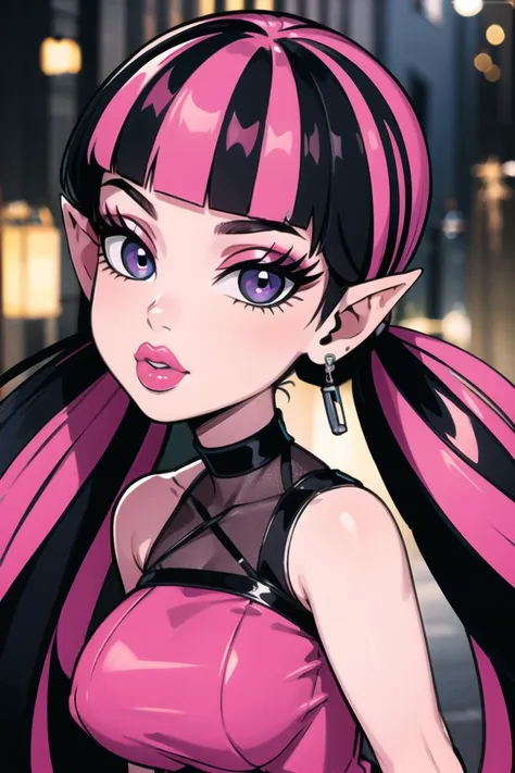 ((best quality)), ((masterpiece)), (intricate details, hyperdetailed:1.15), 35mm, bokeh, (perfect face, highest detailed face), (cowboy shot, mid-angle shot), fashion photography of Draculaura_MH,<lora:Draculaura_Anime:0.8>,  pink top, black hair, pink hair, multicolored hair, pointy ears, bratz, <lora:bratz3:0.5>, lips, large breasts, beautiful, makeup, mascara, lip gloss, perfect eyes, long eyelashes, looking at viewer, 8k, shiny, glow, (bloom), beautiful girl, photoshoot,