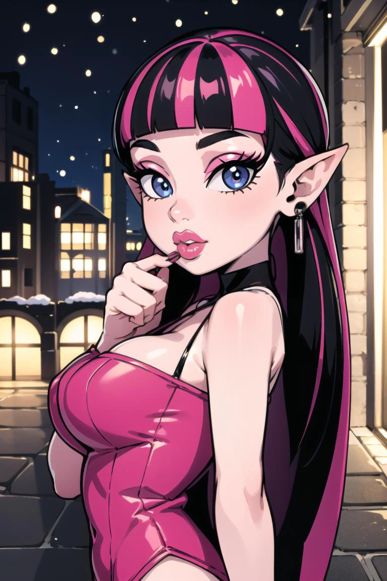 ((best quality)), ((masterpiece)), (intricate details, hyperdetailed:1.15), 35mm, bokeh, (perfect face, highest detailed face), (cowboy shot, mid-angle shot), fashion photography of Draculaura_MH,<lora:Draculaura_Anime:0.8>, pink top, black hair, pink hair, multicolored hair, pointy ears,, bratz, <lora:bratz3:0.5>, lips, large breasts, beautiful, makeup, mascara, lip gloss, perfect eyes, long eyelashes, long white hair, looking at viewer, 8k, shiny, glow, (bloom), beautiful girl, photoshoot, outside, christmas backdrop, winter town scenery, christmas decorations, snow, nighttime