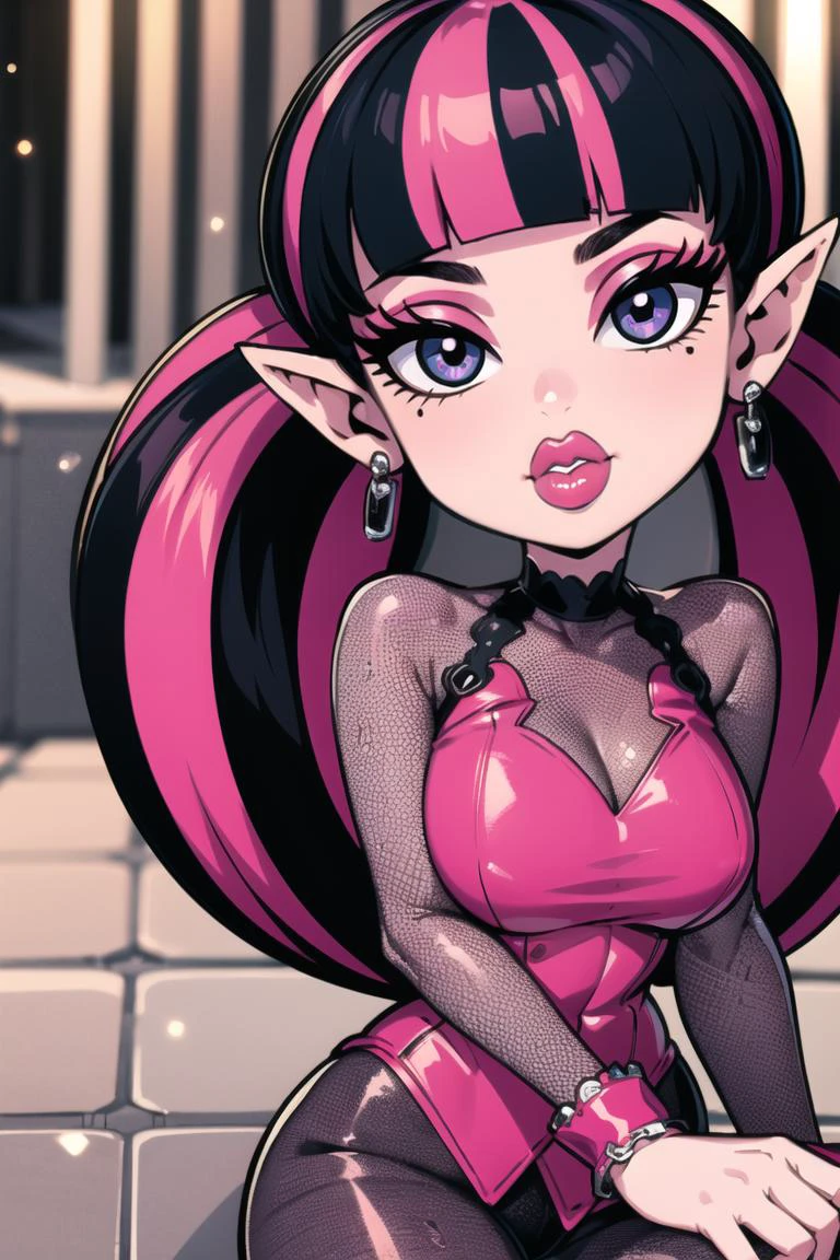 ((best quality)), ((masterpiece)), (intricate details, hyperdetailed:1.15), 35mm, bokeh, (perfect face, highest detailed face), (cowboy shot, mid-angle shot), fashion photography of Draculaura_MH,<lora:Draculaura_Anime:0.8>, pink top, black hair, pink hair, multicolored hair, pointy ears, bratz, <lora:bratz3:0.5>, lips, large breasts, beautiful, makeup, mascara, lip gloss, perfect eyes, long eyelashes, looking at viewer, 8k, shiny, glow, (bloom), beautiful girl, photoshoot,