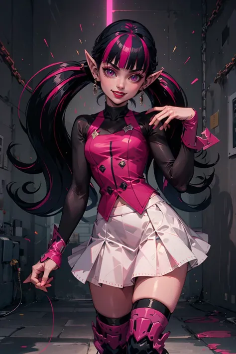 ((masterpiece,best quality)),
<lora:Draculaura_Anime:0.8>, Draculaura_MH, pink top, black hair, pink hair, multicolored hair, pointy ears, white skirt, pink knee boots,
solo, smiling, looking at viewer, cowboy shot,, <lora:r1ge - AnimeRage:0.5>, r1ge, blue aura, electricity