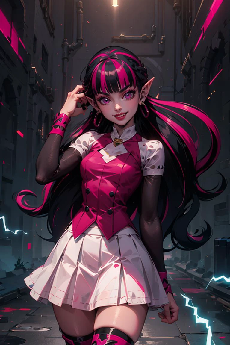 ((masterpiece,best quality)),
<lora:Draculaura_Anime:0.8>, Draculaura_MH, pink top, black hair, pink hair, multicolored hair, pointy ears, white skirt, pink knee boots,
solo, smiling, looking at viewer, cowboy shot,, <lora:r1ge - AnimeRage:0.5>, r1ge, blue aura, electricity