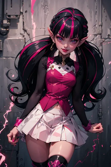 ((masterpiece,best quality)),
<lora:Draculaura_Anime:0.8>, Draculaura_MH, pink top, black hair, pink hair, multicolored hair, pointy ears, white skirt, pink knee boots,
solo, smiling, looking at viewer, cowboy shot,, <lora:r1ge - AnimeRage:0.5>, r1ge, blue aura, electricity