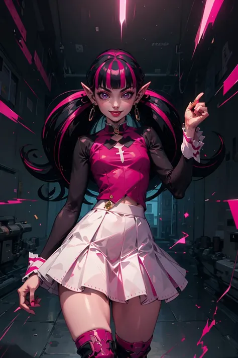 ((masterpiece,best quality)),
<lora:Draculaura_Anime:0.8>, Draculaura_MH, pink top, black hair, pink hair, multicolored hair, pointy ears, white skirt, pink knee boots,
solo, smiling, looking at viewer, cowboy shot,, <lora:r1ge - AnimeRage:0.5>, r1ge, blue aura, electricity