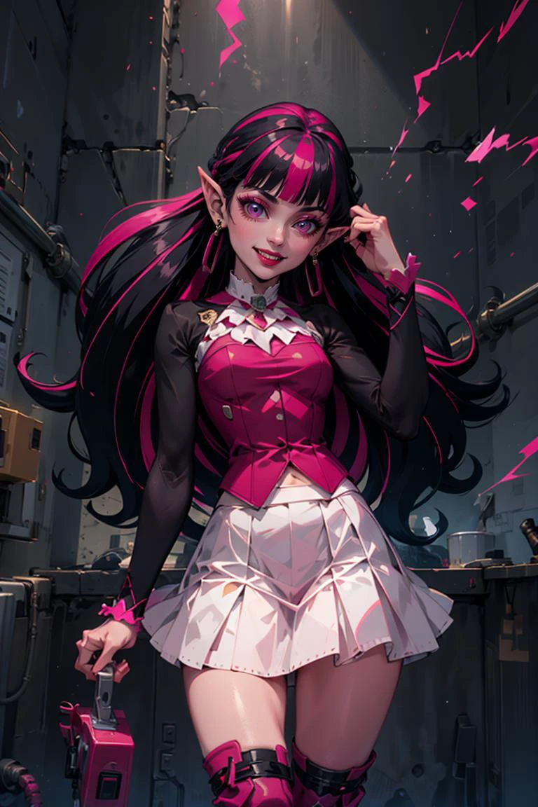 ((masterpiece,best quality)),
<lora:Draculaura_Anime:0.8>, Draculaura_MH, pink top, black hair, pink hair, multicolored hair, pointy ears, white skirt, pink knee boots,
solo, smiling, looking at viewer, cowboy shot,, <lora:r1ge - AnimeRage:0.5>, r1ge, blue aura, electricity