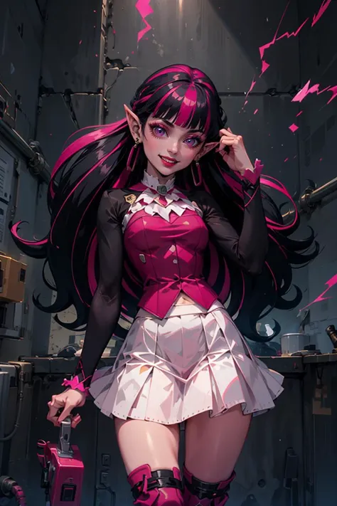 ((masterpiece,best quality)), 
<lora:Draculaura_Anime:0.8>, Draculaura_MH, pink top, black hair, pink hair, multicolored hair, pointy ears, white skirt, pink knee boots, 
solo, smiling, looking at viewer, cowboy shot,, <lora:r1ge - AnimeRage:0.5>, r1ge, blue aura, electricity