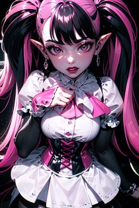 (draculaura_mh:1.0), (realistic:1.2), vampire, (black hair, hot pink highlights in hair, pink skin, pink eyes, bangs, pigtails, vampire ears, twintails), (white skirt, pink top, pink corset, black sleeves:1.2), pantyhose, pink and black background (masterpiece:1.2), (full-body-shot:1.2),(Cowboy-shot:1.2), neon lighting, dark romantic lighting, (highly detailed:1.2),(detailed face:1.2), (gradients), colorful, detailed eyes, (detailed landscape:1.2), (natural lighting:1.2),(detailed background), detailed landscape, (cute pose:1.2), solo, close up, <lora:Draculaura_v3-10:0.65> <lora:add_detail:0.15> <lora:hipoly3DModelLora_v10:0.05> <lora:RSERomantic_RSESofiko_RSEEmma-v1:0.1> <lora:BeautifulEyes:0.65> <lyco:coloredSkin-08:0.3>