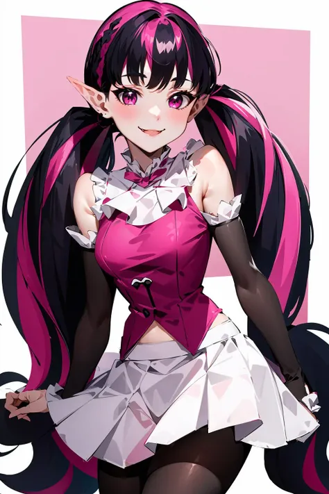 <lora:Draculaura_v3:0.8>, draculaura_mh, twintails, white skirt, pink top, black sleeves, pantyhose, smile, cowboy shot,