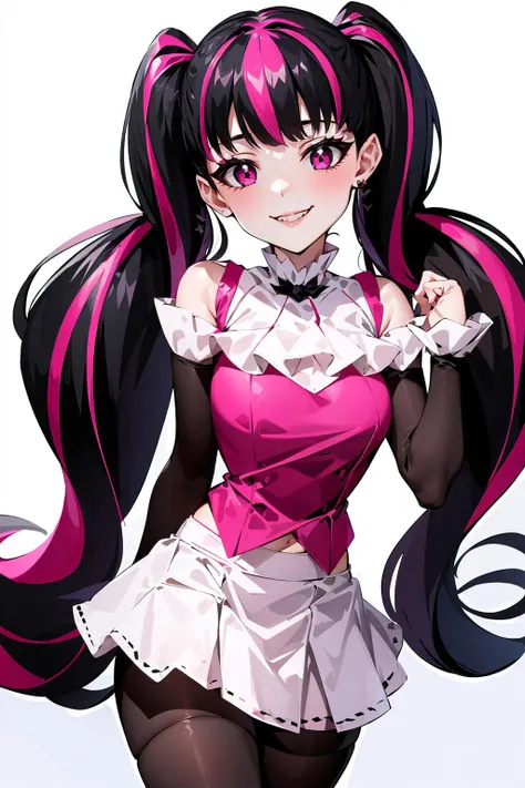 <lora:Draculaura_v3:0.8>, draculaura_mh, twintails, white skirt, pink top, black sleeves, pantyhose, smile, cowboy shot,