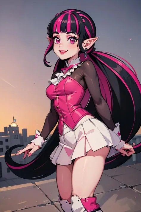 ((masterpiece,best quality)), absurdres,
<lora:Draculaura_Anime:0.8>, Draculaura_MH, solo, black hair, pink hair, multicolored hair, pointy ears,
white skirt, pink knee boots, smiling, contrapposto, from the side,
cinematic composition