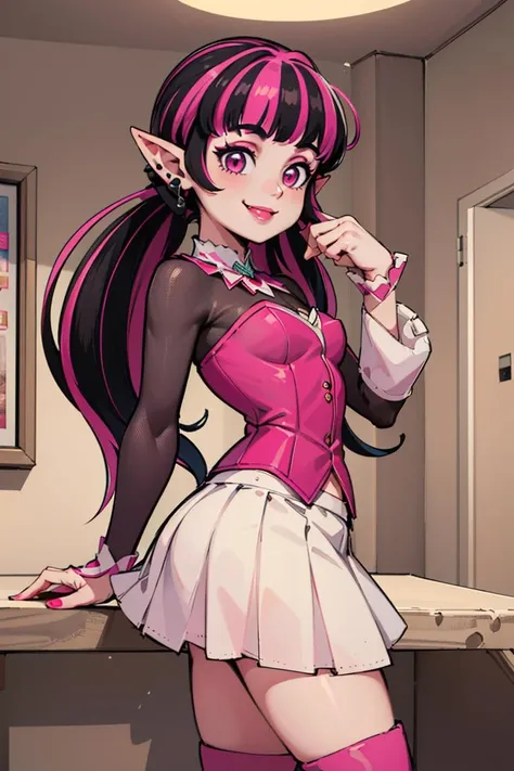 ((masterpiece,best quality)), absurdres,
<lora:Draculaura_Anime:0.8>, Draculaura_MH, solo, black hair, pink hair, multicolored hair, pointy ears,
white skirt, pink knee boots, smiling, contrapposto, from the side,
cinematic composition