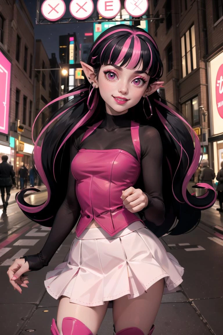 centered, award winning upper body portrait, cowboy shot, (looking at viewer:1.2), |
<lora:Draculaura_Anime:0.9>, Draculaura_MH, solo, black hair, pink hair, multicolored hair, pointy ears, white skirt, pink knee boots, smiling, contrapposto,
| city, urban scenery, city lights,
| bokeh, depth of field, cinematic composition,