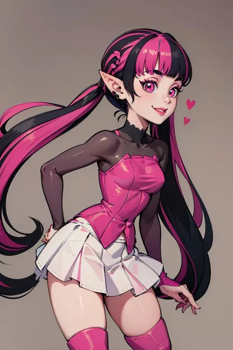 ((masterpiece,best quality)), absurdres,
<lora:Draculaura_Anime:0.8>, Draculaura_MH, solo, black hair, pink hair, multicolored hair, pointy ears,
white skirt, pink knee boots, smiling, contrapposto, from the side,
cinematic composition