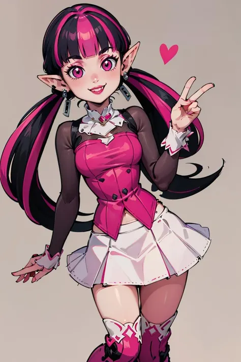 ((masterpiece,best quality)), absurdres,
<lora:Draculaura_Anime:0.8>, Draculaura_MH, pink top, black hair, pink hair, multicolored hair, pointy ears,
white skirt, pink knee boots, smiling, contrapposto