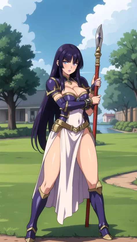 (highres, high quality:1.3), intricate details, vibrant image, sharpness, colorful,
Aliya, mature female, 1girl, solo, fighting stance, holding polearm, looking at viewer, full body shot, sky background, grass, trees,
serious, purple hair, very long hair, lipstick, makeup, blue eyes, perfect eyes, detailed eyes, detailed hair,
pauldrons, white armored dress, vambraces, armored boots,
large breasts, cleavage, thighs,
<lora:Aliya-000009:0.87>