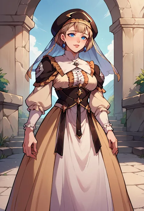 score_9, score_8_up, score_7_up, score_6_up,score_5_up,score_4_up, BREAK warMercie, blue eyes, short hair, beret, veil, see-through, earrings, frilled dress, center frills, corset, long dress,mature female <lora:mercedes-pdxl-nvwls-v1:1>
