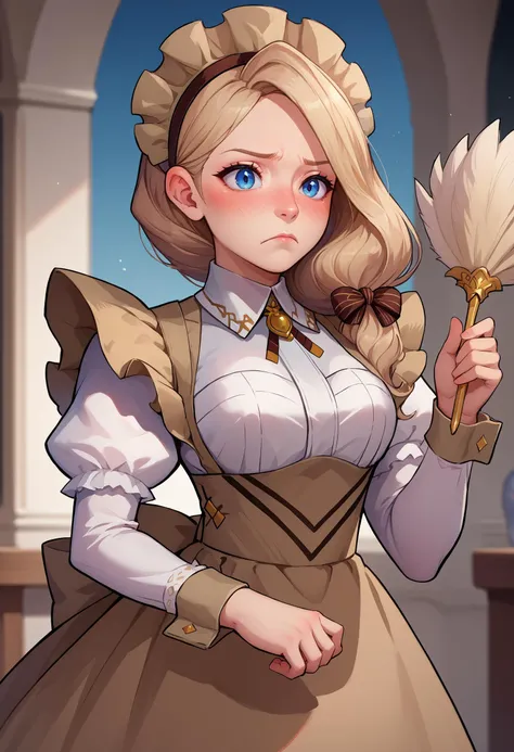 score_9, score_8_up, score_7_up, score_6_up,score_5_up,score_4_up, BREAK maidMercie, blue eyes, low-tied long hair, hair over shoulder, maid headdress, maid dress, apron, puffy sleeves,full-face blush,frown,holding feather duster <lora:mercedes-pdxl-nvwls-v1:1>
