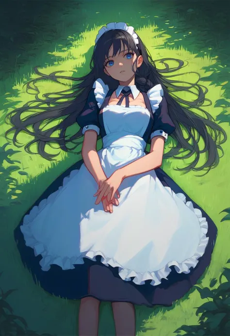 score_9, score_8_up, score_7_up, source_anime, rating questionable, lying in the grass, facing forward, <lora:mercedes-pdxl-nvwls-v1:.95> maidMercie, blue eyes, low-tied long hair, hair over shoulder, maid headdress, maid dress, apron, puffy sleeves
