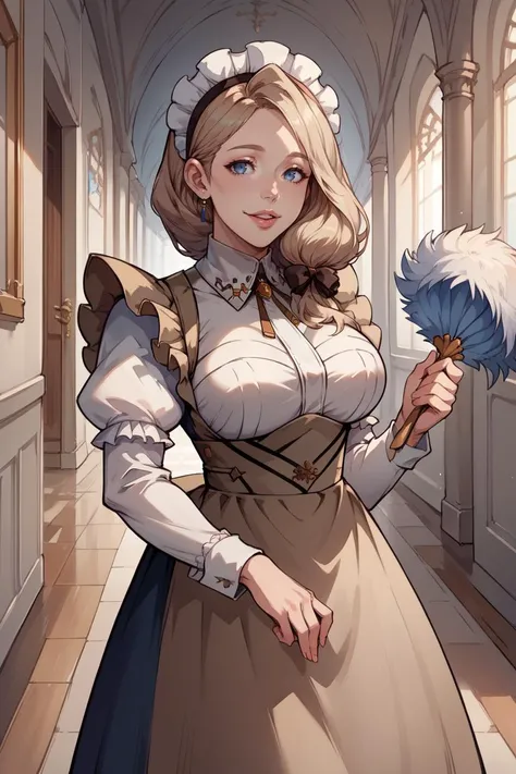 score_9, score_8_up, score_7_up, score_6_up, source_anime, 1girl, BREAK <lora:mercedes-pdxl-nvwls-v1:1> maidMercie, blue eyes, low-tied long hair, hair over shoulder, maid headdress, maid dress, apron, puffy sleeves, big breasts, holding feather duster, lamp, indoors, parted lips, happy, hallway