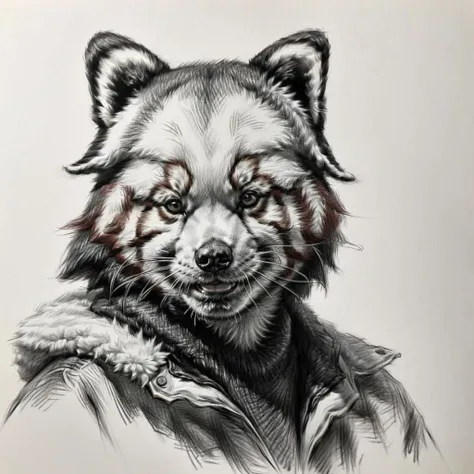 <lora:PortraitSketch:1> portrait sketch, red panda wearing a leather jacket