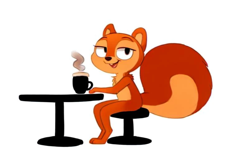 solo, kiff,  having coffee, body fur, fur tufts, fur fluff, happy, bald, [young], [[[[round eyes]]]], noodle arms, noodle legs, looking at viewer, sitting on chair, inside, cafe, (Kiff style), 2d, (big bushy squirrel tail), sfw,  <lora:Kiff_Disney:1>   <lora:Table_Town_Scenery_and_More_Kiff:0.2>