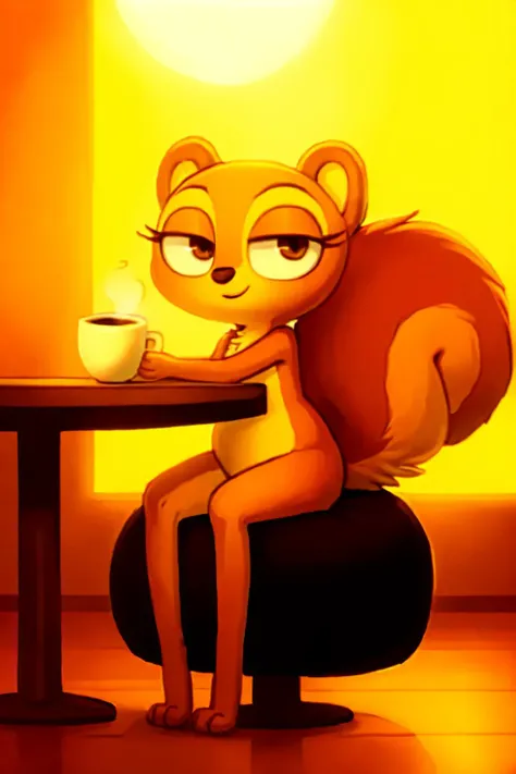 solo, kiff,  having coffee, holding cup, body fur, fur tufts, fur fluff, mouth closed, eyelashes, bald, short, young, [[[[round eyes]]]], noodle arms, noodle legs, looking at viewer, sitting on chair, inside, cafe, (Kiff style), 2d, (big bushy squirrel tail), sfw,  <lora:Kiff_Disney:1>   <lora:Table_Town_Scenery_and_More_Kiff:0.5>
