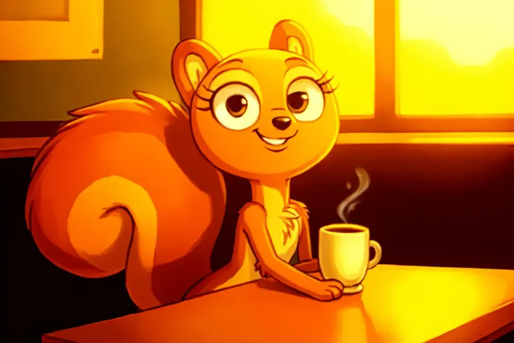 solo, kiff,  having coffee, body fur, fur tufts, fur fluff, grinning, eyelashes, bald, [young], [[[[round eyes]]]], noodle arms, noodle legs, looking at viewer, sitting on chair, inside, cafe, (Kiff style), 2d, (big bushy squirrel tail), sfw,  <lora:Kiff_Disney:1>   <lora:Table_Town_Scenery_and_More_Kiff:0.5>