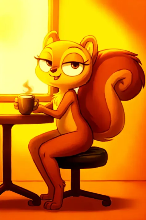 solo, kiff,  having coffee, holding cup, body fur, fur tufts, fur fluff, mouth closed, eyelashes, bald, short, [young], [[[[round eyes]]]], noodle arms, noodle legs, looking at viewer, sitting on chair, inside, cafe, (Kiff style), 2d, (big bushy squirrel tail), sfw,  <lora:Kiff_Disney:1>   <lora:Table_Town_Scenery_and_More_Kiff:0.5>