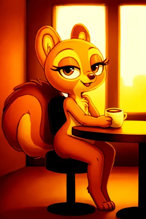 solo, kiff,  having coffee, holding cup, body fur, fur tufts, fur fluff, mouth closed, eyelashes, bald, short, [young], [[[[round eyes]]]], noodle arms, noodle legs, looking at viewer, sitting on chair, inside, cafe, (Kiff style), 2d, (big bushy squirrel tail), sfw,  <lora:Kiff_Disney:1>   <lora:Table_Town_Scenery_and_More_Kiff:0.5>