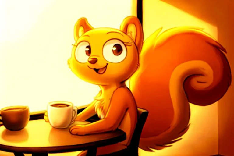 solo, kiff,  having coffee, body fur, fur tufts, fur fluff, happy, bald, [young], [[[[round eyes]]]], noodle arms, noodle legs, looking at viewer, sitting on chair, inside, cafe, (Kiff style), 2d, (big bushy squirrel tail), sfw,  <lora:Kiff_Disney:1>   <lora:Table_Town_Scenery_and_More_Kiff:0.2>