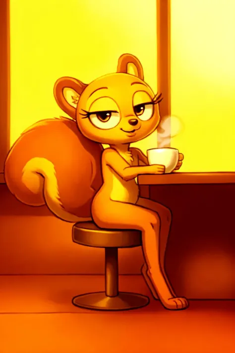 solo, kiff,  having coffee, holding cup, body fur, fur tufts, fur fluff, mouth closed, eyelashes, bald, short, [young], [[[[round eyes]]]], noodle arms, noodle legs, looking at viewer, sitting on chair, inside, cafe, (Kiff style), 2d, (big bushy squirrel tail), sfw,  <lora:Kiff_Disney:1>   <lora:Table_Town_Scenery_and_More_Kiff:0.5>