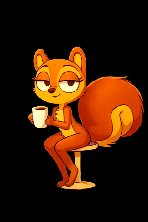 solo, kiff,  having coffee, holding cup, body fur, fur tufts, fur fluff, mouth closed, eyelashes, bald, short, [young], [[[[round eyes]]]], noodle arms, noodle legs, looking at viewer, sitting on chair, inside, cafe, (Kiff style), 2d, (big bushy squirrel tail), sfw,  <lora:Kiff_Disney:1>   <lora:Table_Town_Scenery_and_More_Kiff:0.5>