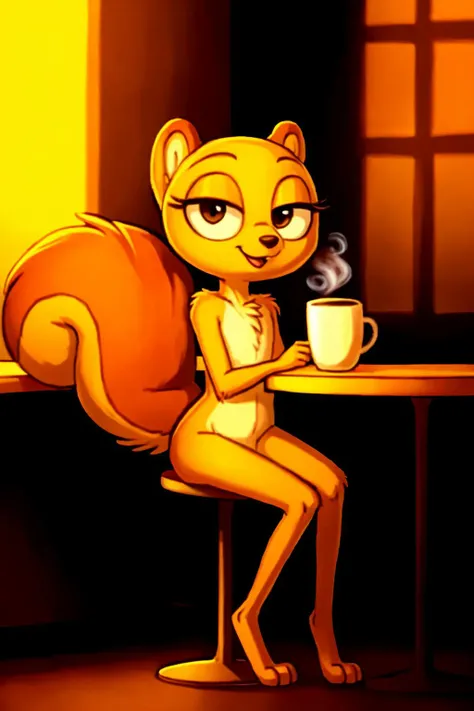 solo, kiff,  having coffee, holding cup, body fur, fur tufts, fur fluff, mouth closed, eyelashes, bald, [young], [[[[round eyes]]]], noodle arms, noodle legs, looking at viewer, sitting on chair, inside, cafe, (Kiff style), 2d, (big bushy squirrel tail), sfw,  <lora:Kiff_Disney:1>   <lora:Table_Town_Scenery_and_More_Kiff:0.5>