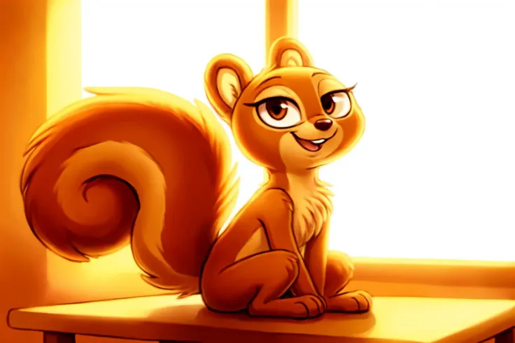 solo, kiff,  having coffee, body fur, fur tufts, fur fluff, happy, bald, [young], [[[[round eyes]]]], noodle arms, noodle legs, looking at viewer, sitting on chair, inside, cafe, (Kiff style), 2d, (big bushy squirrel tail), sfw,  <lora:Kiff_Disney:1>   <lora:Table_Town_Scenery_and_More_Kiff:0.2>